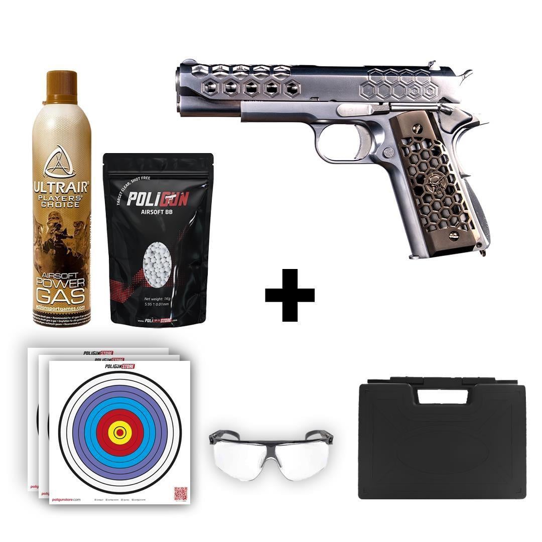 ​We 1911 Hex-Cut Airsoft Tabanca + Green Gas + 0.20gr BB + Taşıma Çantası + Balistik Gözlük