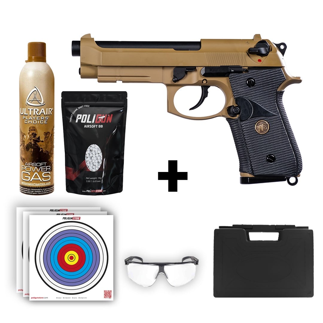 ​We Beretta M9A1 Navy Airsoft Tabanca + Green Gas + 0.20gr BB + Taşıma Çantası + Balistik Gözlük