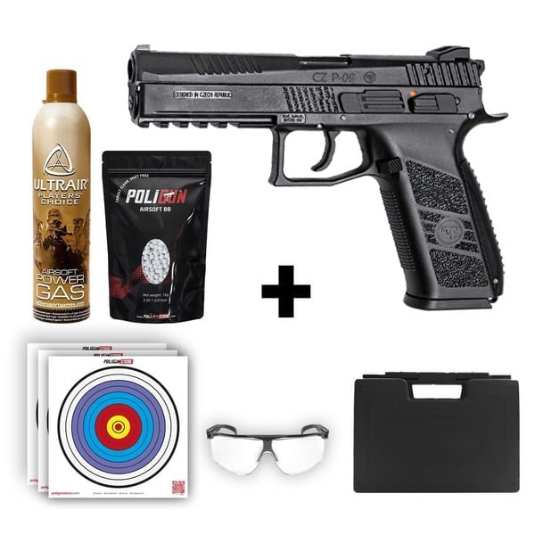 ASG CZ P-09 Siyah Airsoft Tabanca + Green Gas + 0.20gr BB + Taşıma Çantası + Balistik Gözlük