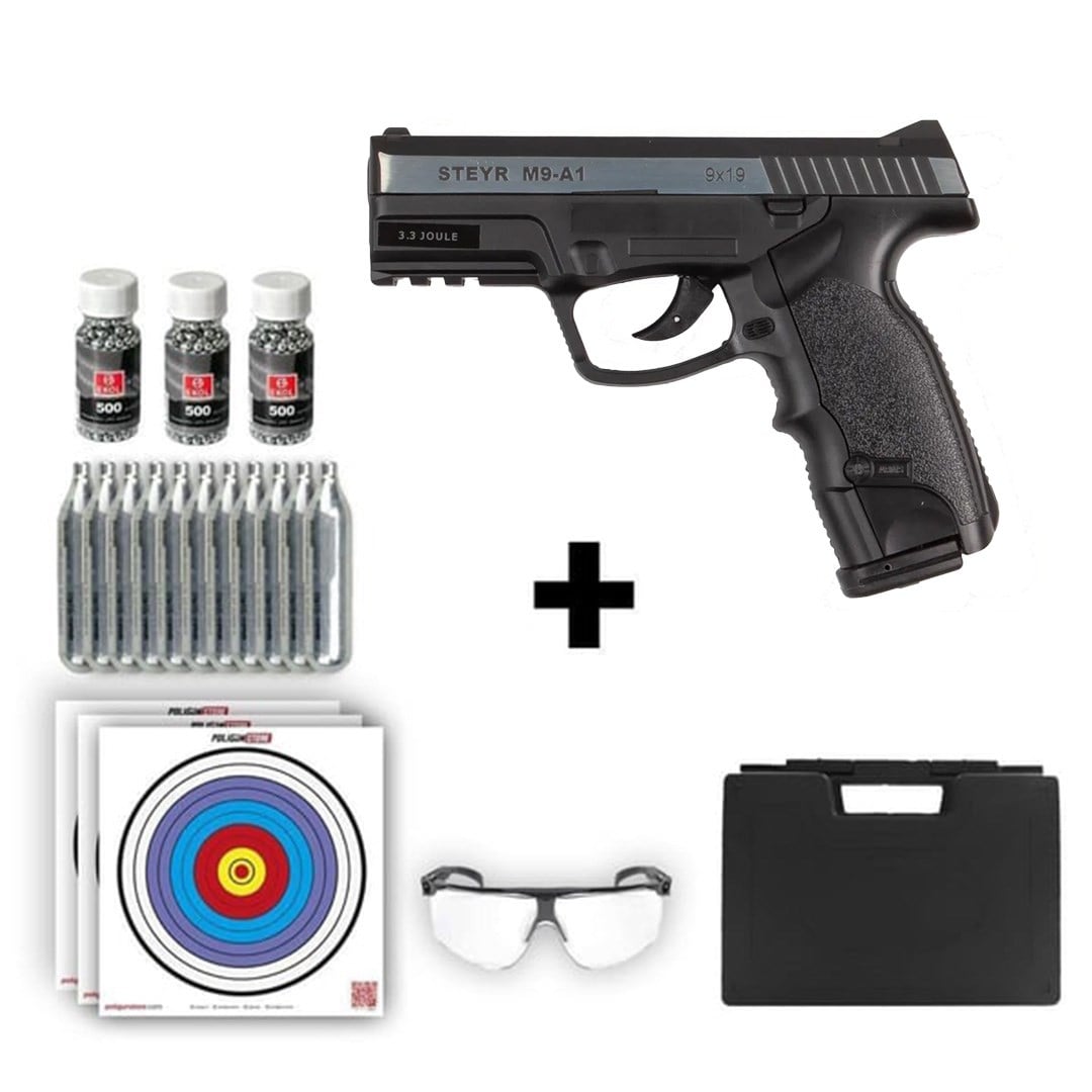 ASG Steyr M9-A1 4.50mm Gümüş Havalı Tabanca + 10 Adet Co2 + 3 Adet 4.5mm BB + Taşıma Çantası + Balistik Gözlük