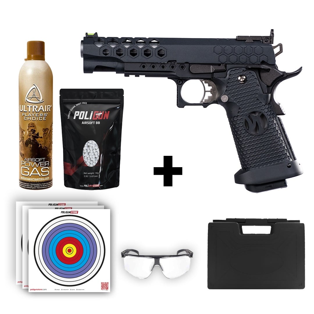 AW Custom 5.1 HEX-CUT Hi-Capa Siyah Airsoft Tabanca + Green Gas + 0.20gr BB + Taşıma Çantası + Balistik Gözlük