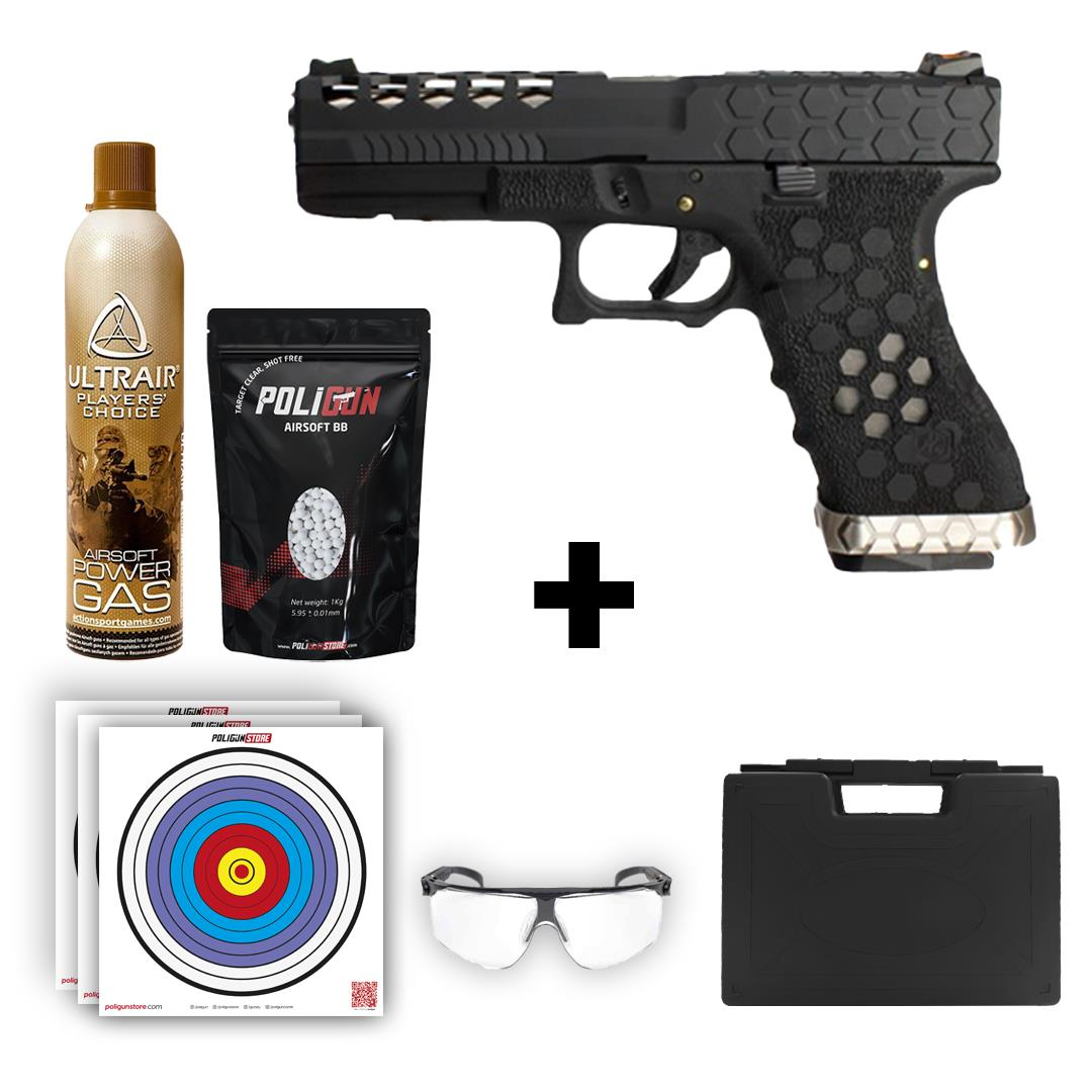 AW Custom Glock 17 HEX-CUT Siyah + Green Gas + 0.20gr BB + Taşıma Çantası + Balistik Gözlük