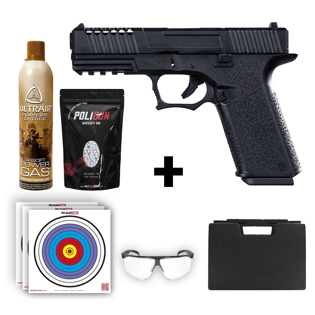 AW Custom Glock 17 ZEV Siyah Airsoft Tabanca + Green Gas + 0.20gr BB + Taşıma Çantası + Balistik Gözlük