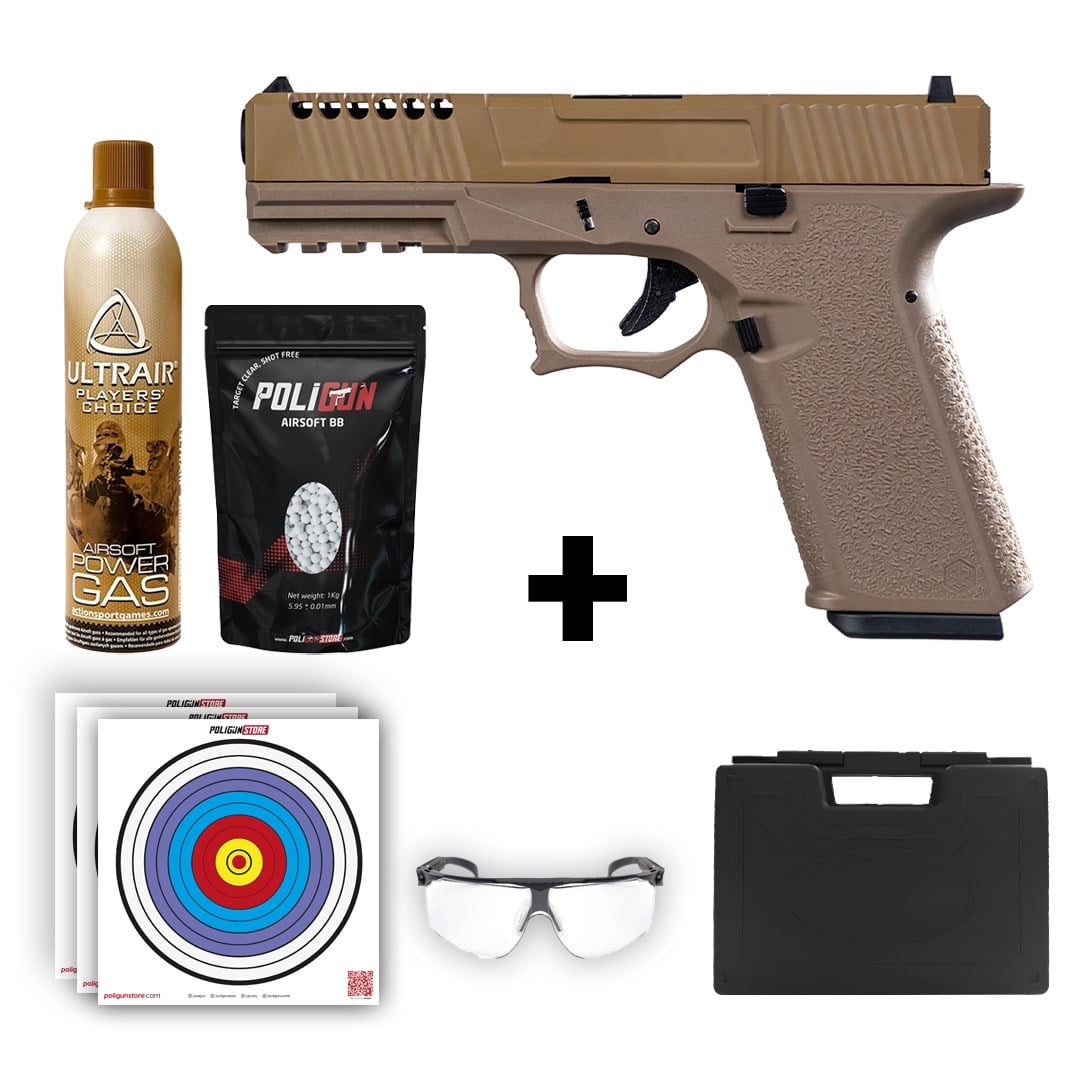 AW Custom Glock 17 ZEV Tan Airsoft Tabanca + Green Gas + 0.20gr BB + Taşıma Çantası + Balistik Gözlük