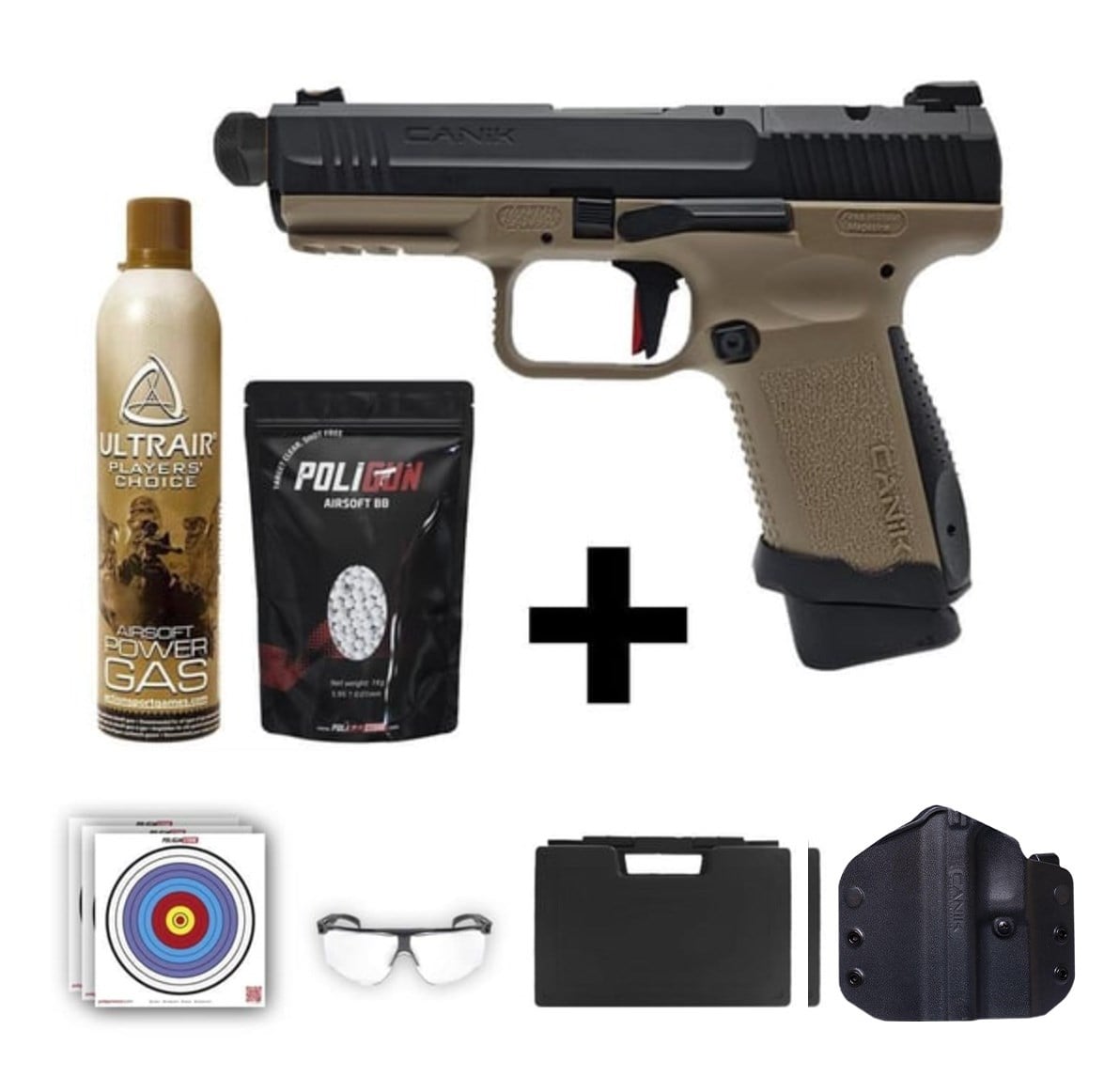Canik TP9 Elite Combat Dual Tone Airsoft + Kılıf + Green Gas + 0.20gr BB + Taşıma Çantası + Balistik Gözlük