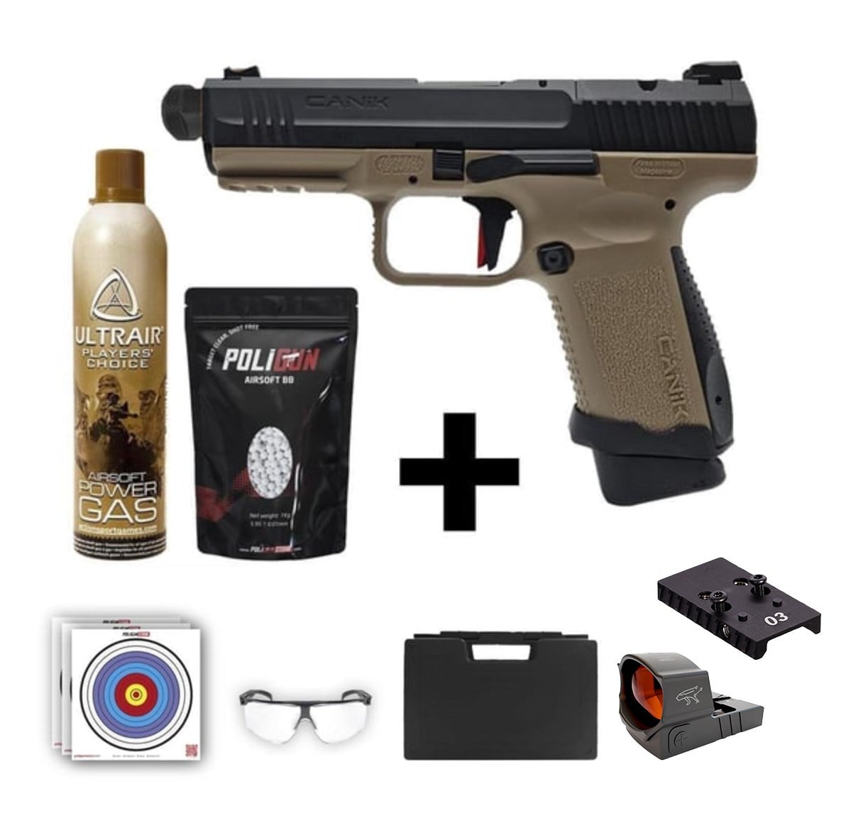Canik TP9 Elite Combat Dual Tone Airsoft + Red-Dot + Green Gas + 0.20gr BB + Taşıma Çantası + Balistik Gözlük