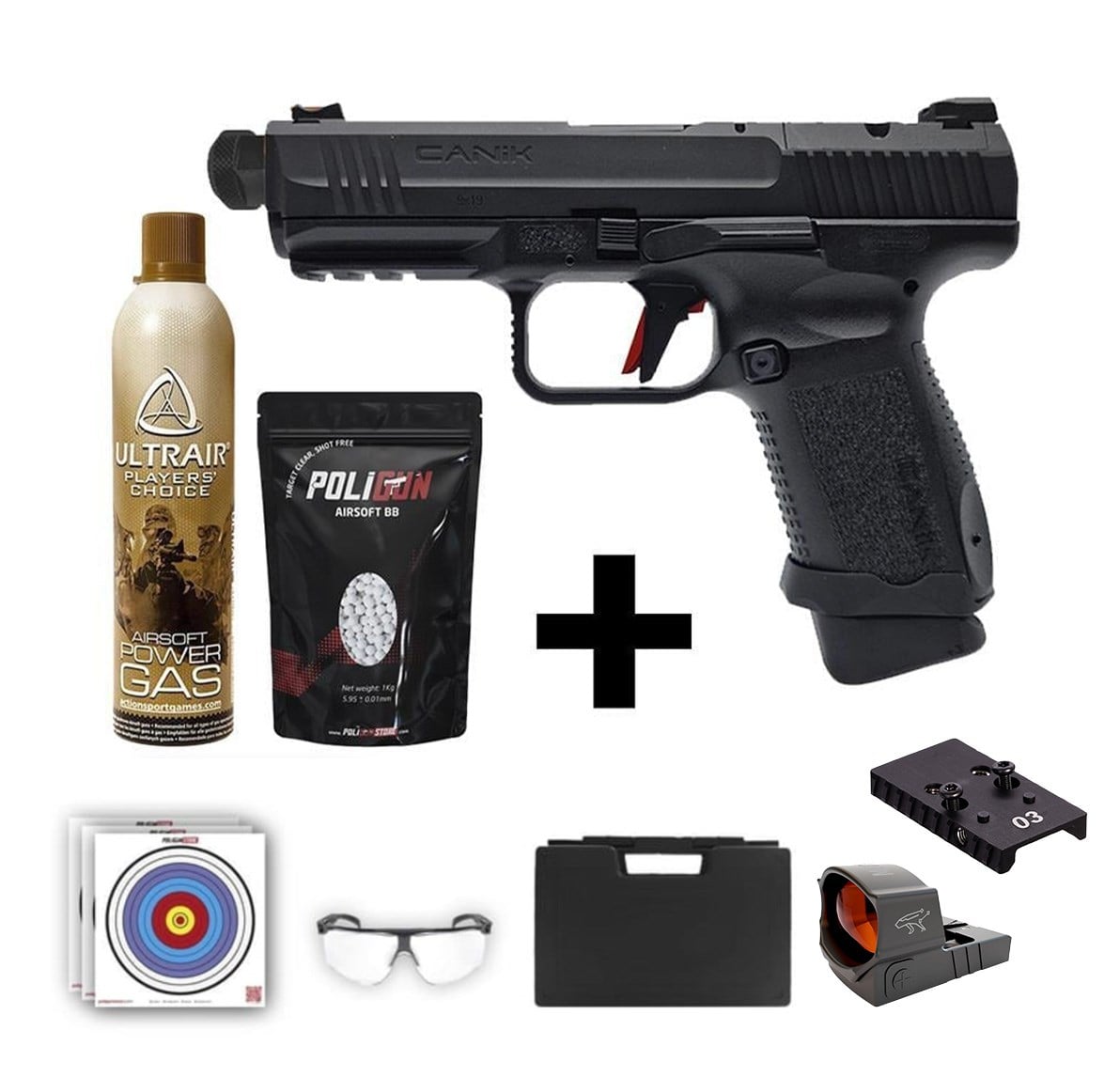 Canik TP9 Elite Combat Siyah Airsoft + Red-Dot + Green Gas + 0.20gr BB + Taşıma Çantası + Balistik Gözlük
