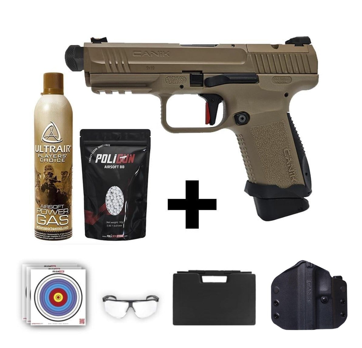 Canik TP9 Elite Combat Tan Airsoft + Kılıf + Green Gas + 0.20gr BB + Taşıma Çantası + Balistik Gözlük