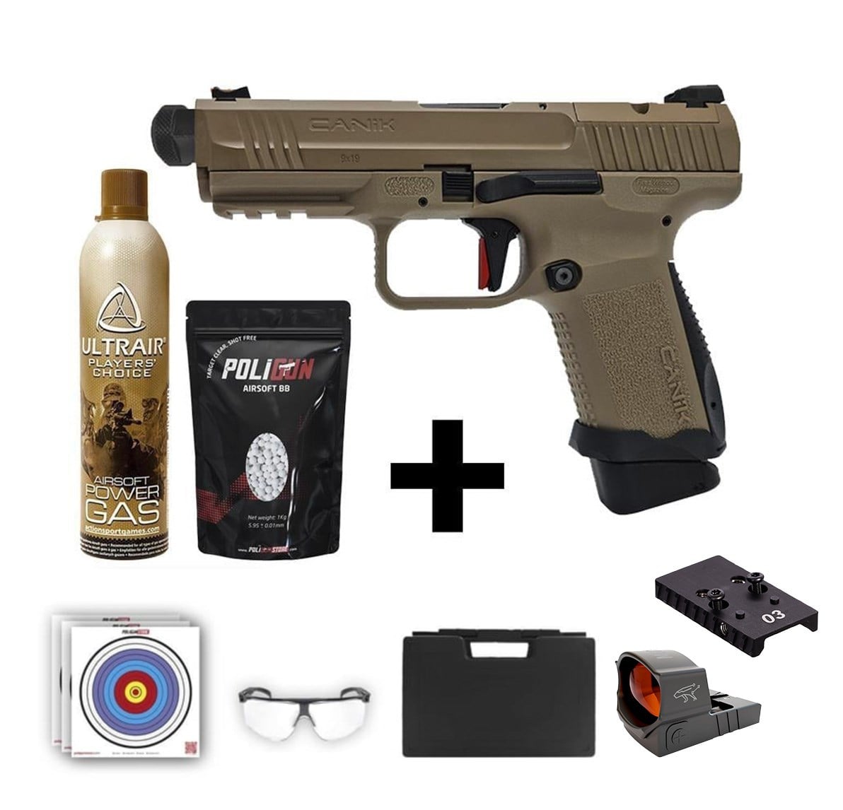 Canik TP9 Elite Combat Tan Airsoft + Red-Dot + Green Gas + 0.20gr BB + Taşıma Çantası + Balistik Gözlük