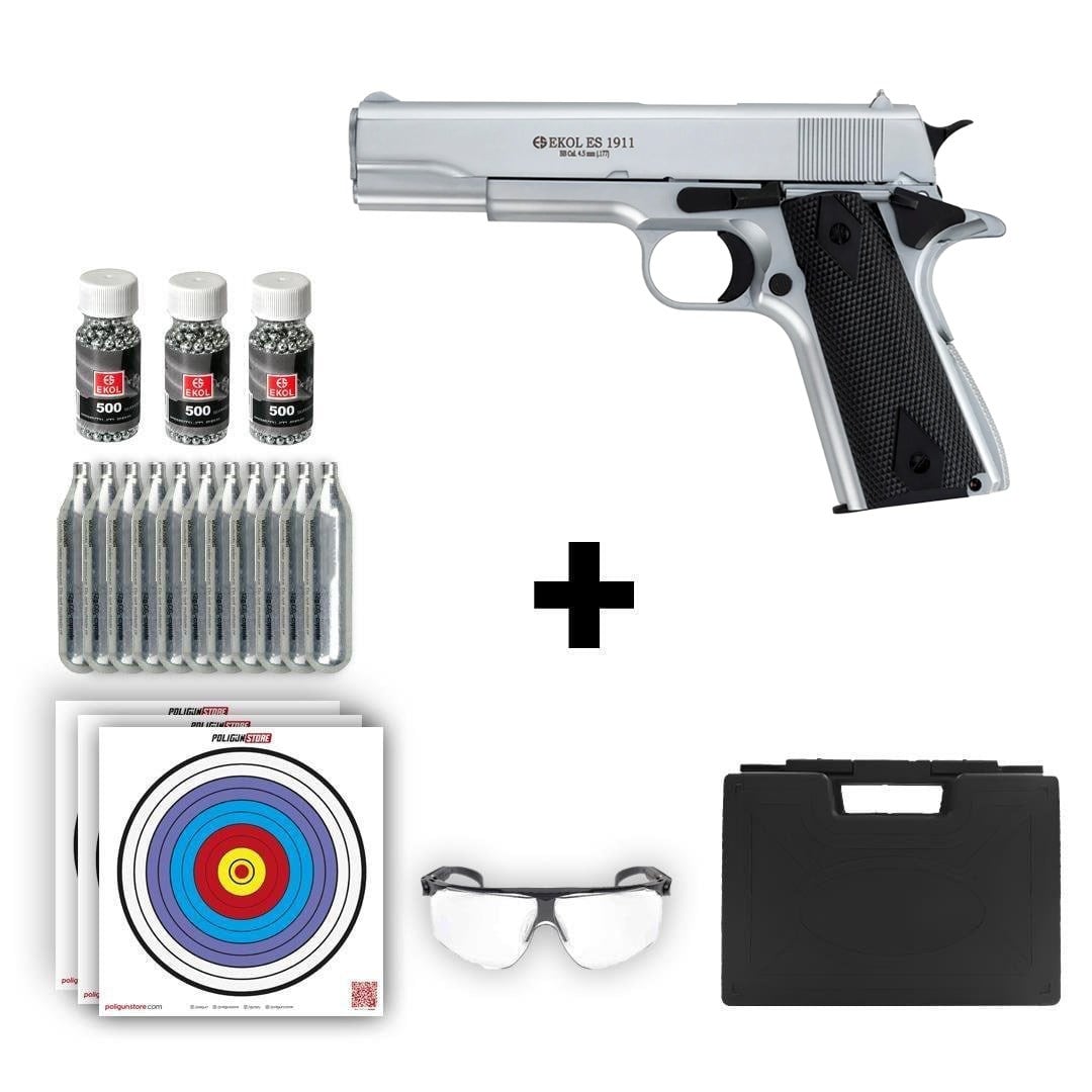 Ekol ES 1911 Havalı Tabanca - Beyaz + 10 Adet Co2 + 3 Adet 4.5mm BB + Taşıma Çantası + Balistik Gözlük