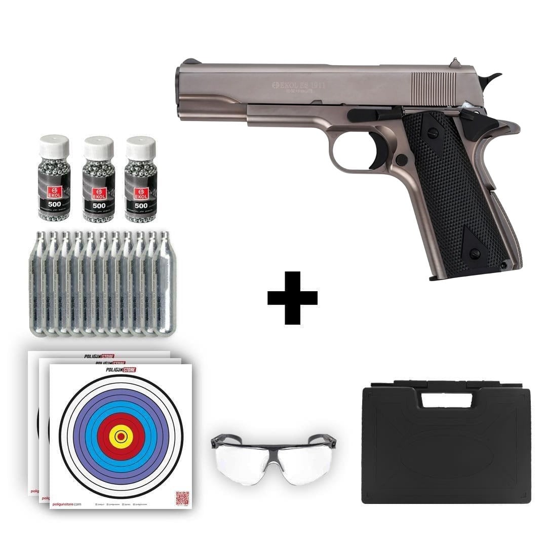 Ekol ES 1911 Havalı Tabanca - Füme + 10 Adet Co2 + 3 Adet 4.5mm BB + Taşıma Çantası + Balistik Gözlük