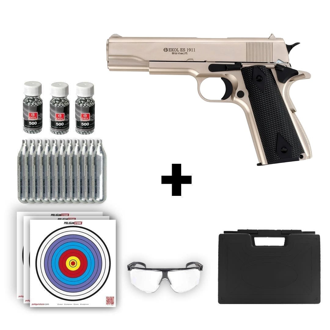 Ekol ES 1911 Havalı Tabanca - Saten + 10 Adet Co2 + 3 Adet 4.5mm BB + Taşıma Çantası + Balistik Gözlük
