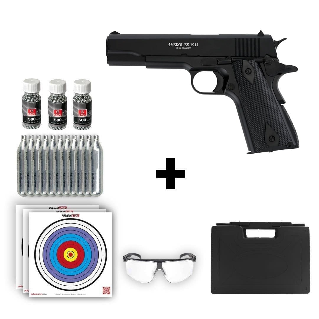 Ekol ES 1911 Havalı Tabanca - Siyah + 10 Adet Co2 + 3 Adet 4.5mm BB + Taşıma Çantası + Balistik Gözlük