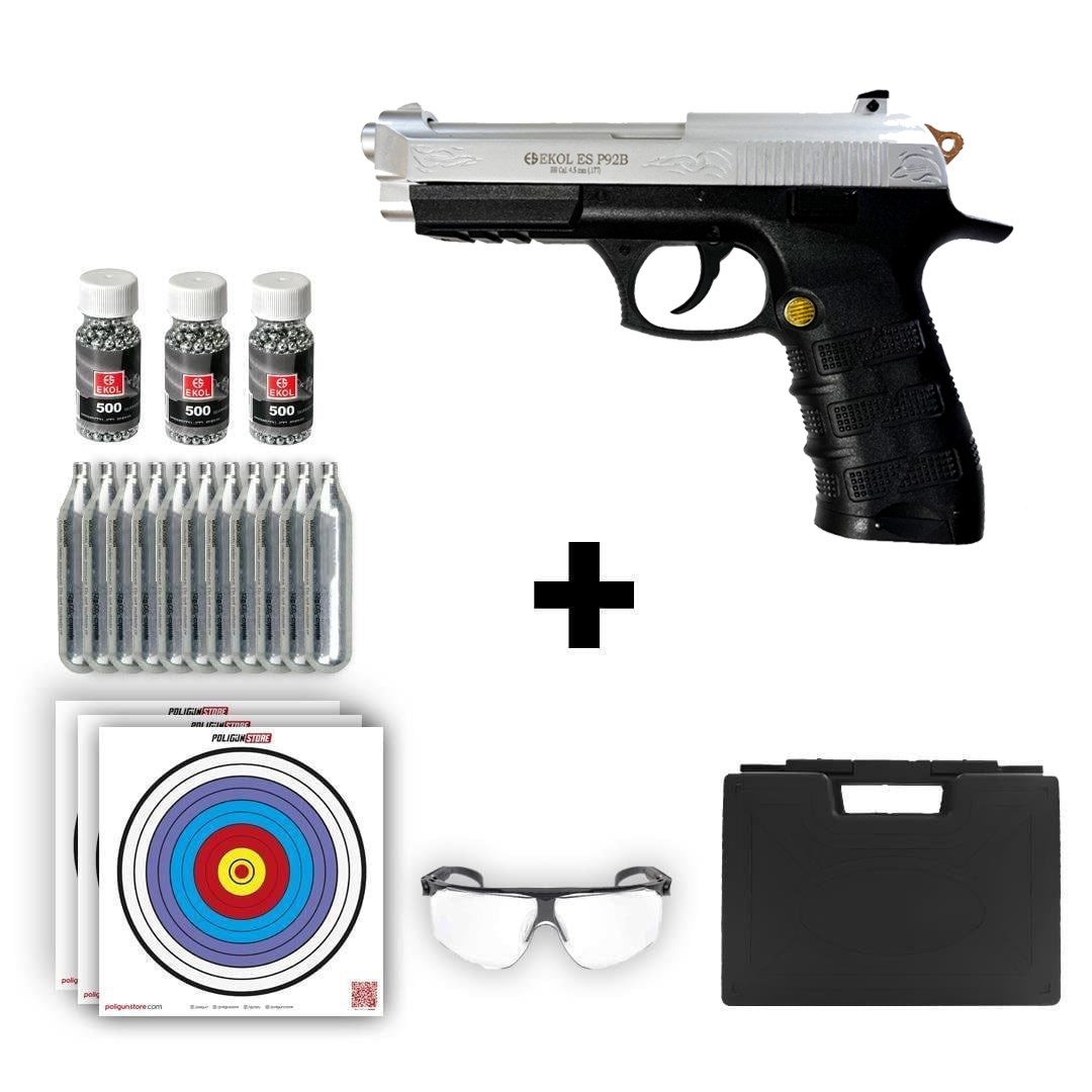 Ekol ES P92B Blowback Havalı Tabanca - Beyaz Altın İşlemeli + 10 Adet Co2 + 3 Adet 4.5mm BB + Taşıma Çantası + Balistik Gözlük