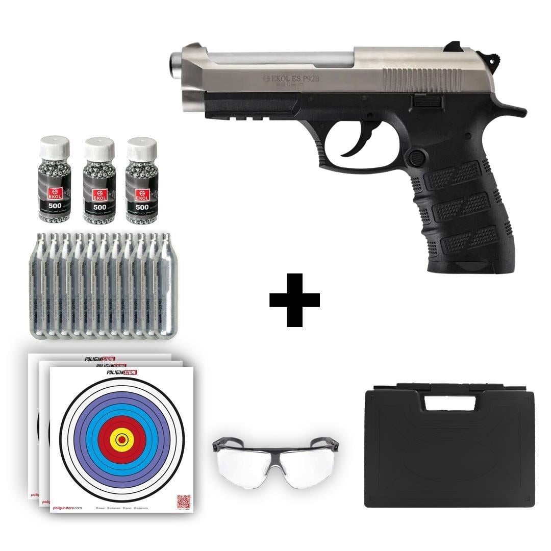 Ekol ES P92B Blowback Havalı Tabanca - Füme + 10 Adet Co2 + 3 Adet 4.5mm BB + Taşıma Çantası + Balistik Gözlük