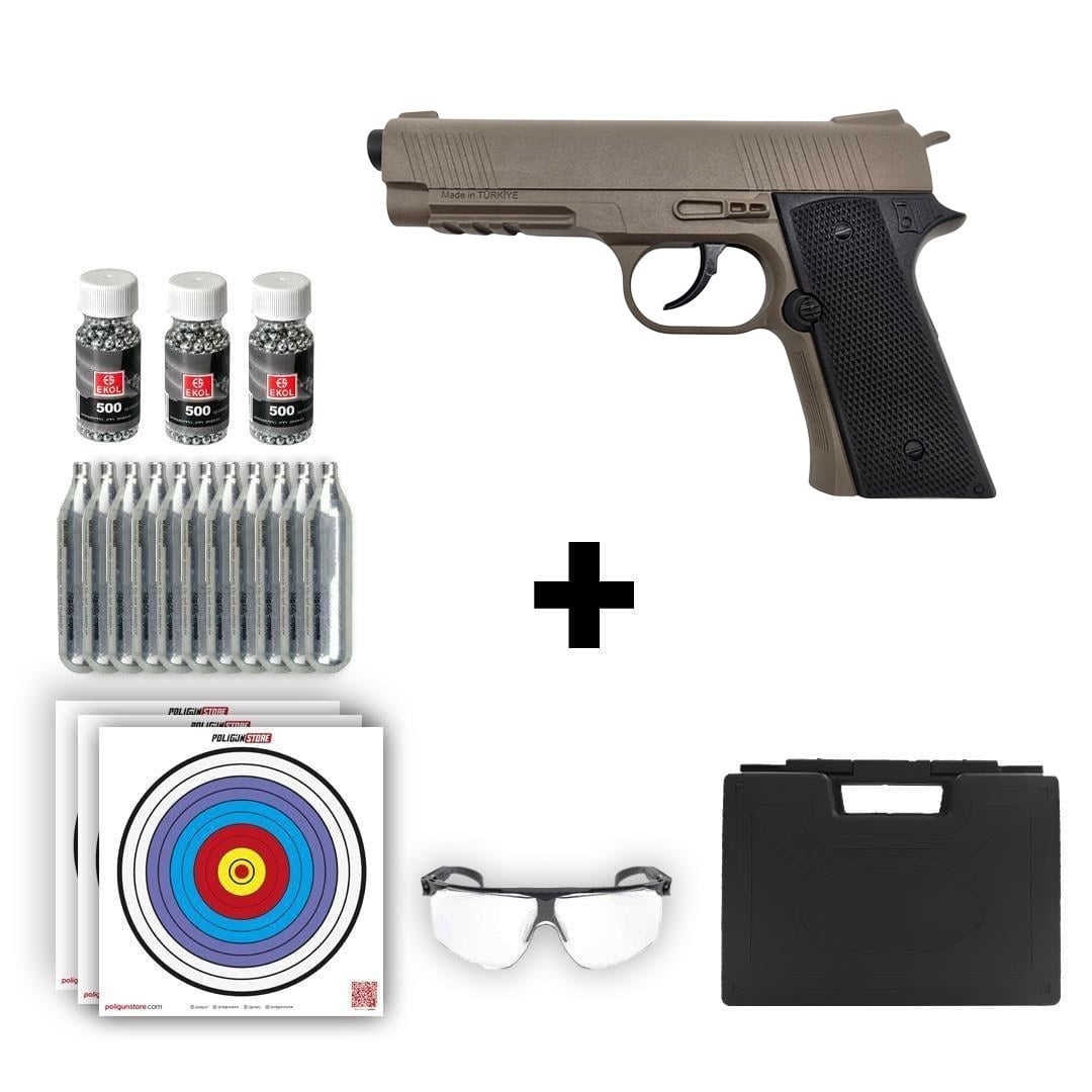 Rubino RBN-1911 Çöl Rengi Havalı Tabanca + 10 Adet Co2 + 3 Adet 4.5mm BB + Taşıma Çantası + Balistik Gözlük