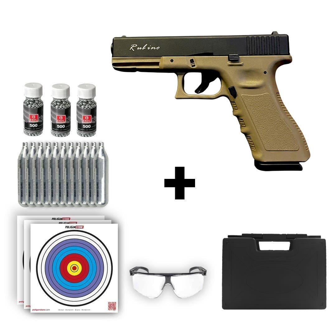 Rubino RBN-GL17 Blowback Çöl Rengi Havalı Tabanca + 10 Adet Co2 + 3 Adet 4.5mm BB + Taşıma Çantası + Balistik Gözlük