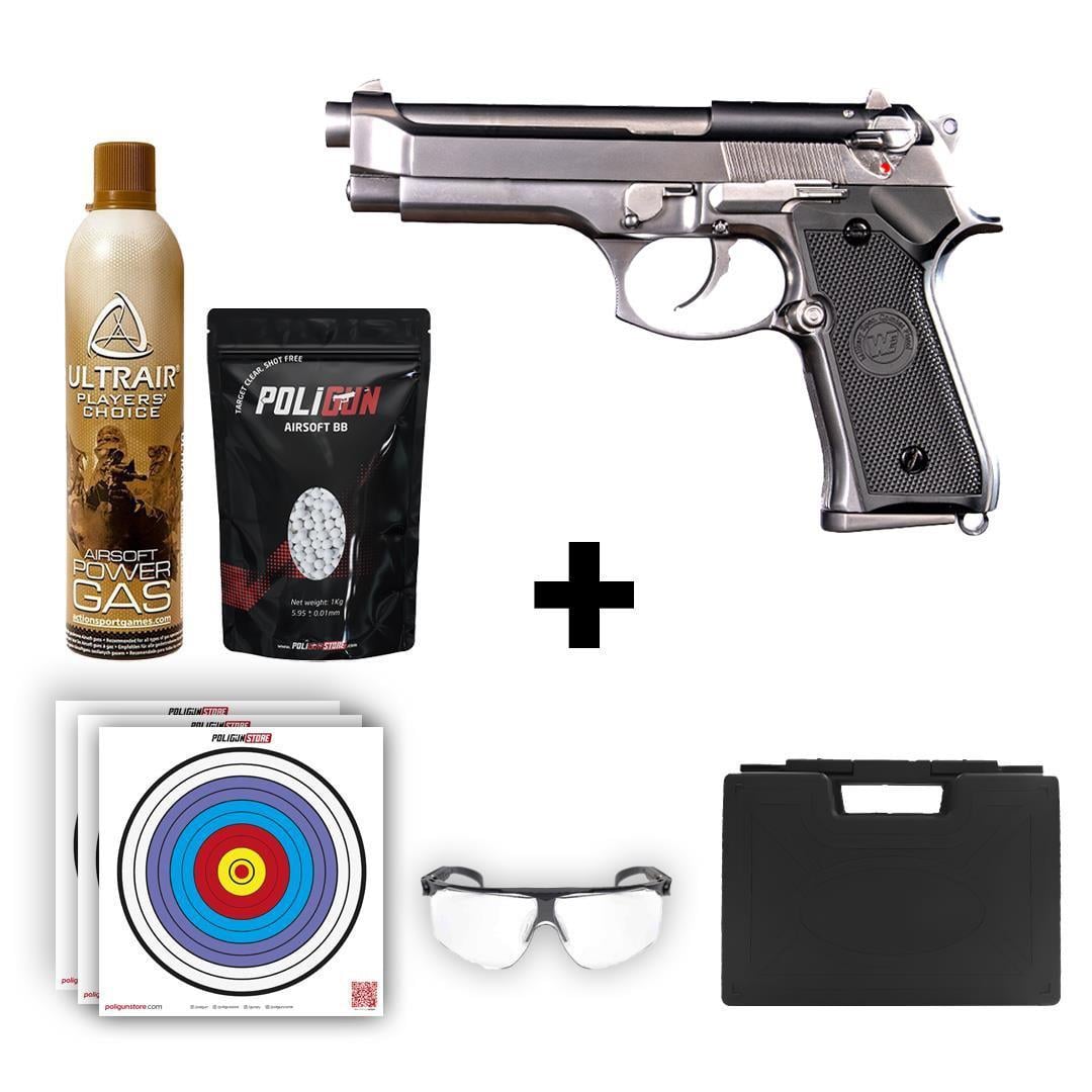 We Beretta M92 Standart Gümüş Airsoft Tabanca + Green Gas + 0.20gr BB + Taşıma Çantası + Balistik Gözlük