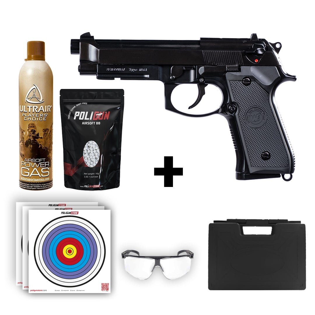 We Beretta M9A1 Siyah Airsoft Tabanca + Green Gas + 0.20gr BB + Taşıma Çantası + Balistik Gözlük