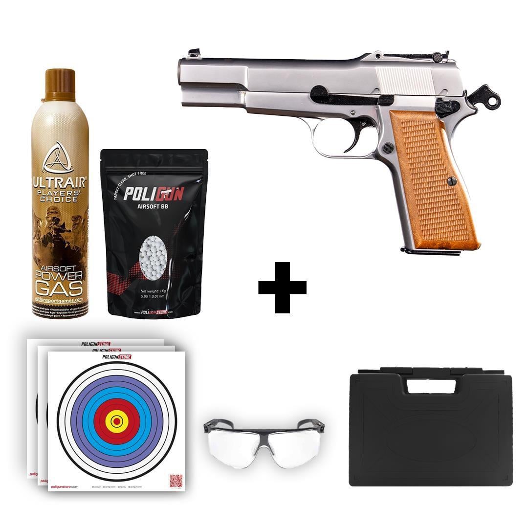 We Browning Ahşap Dipçikli Airsoft + Green Gas + 0.20gr BB + Taşıma Çantası + Balistik Gözlük