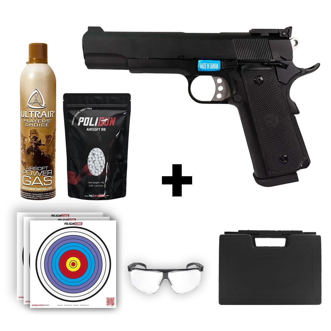 We Colt M1911 P14-45 Siyah Airsoft Tabanca + Green Gas + 0.20gr BB + Taşıma Çantası + Balistik Gözlük