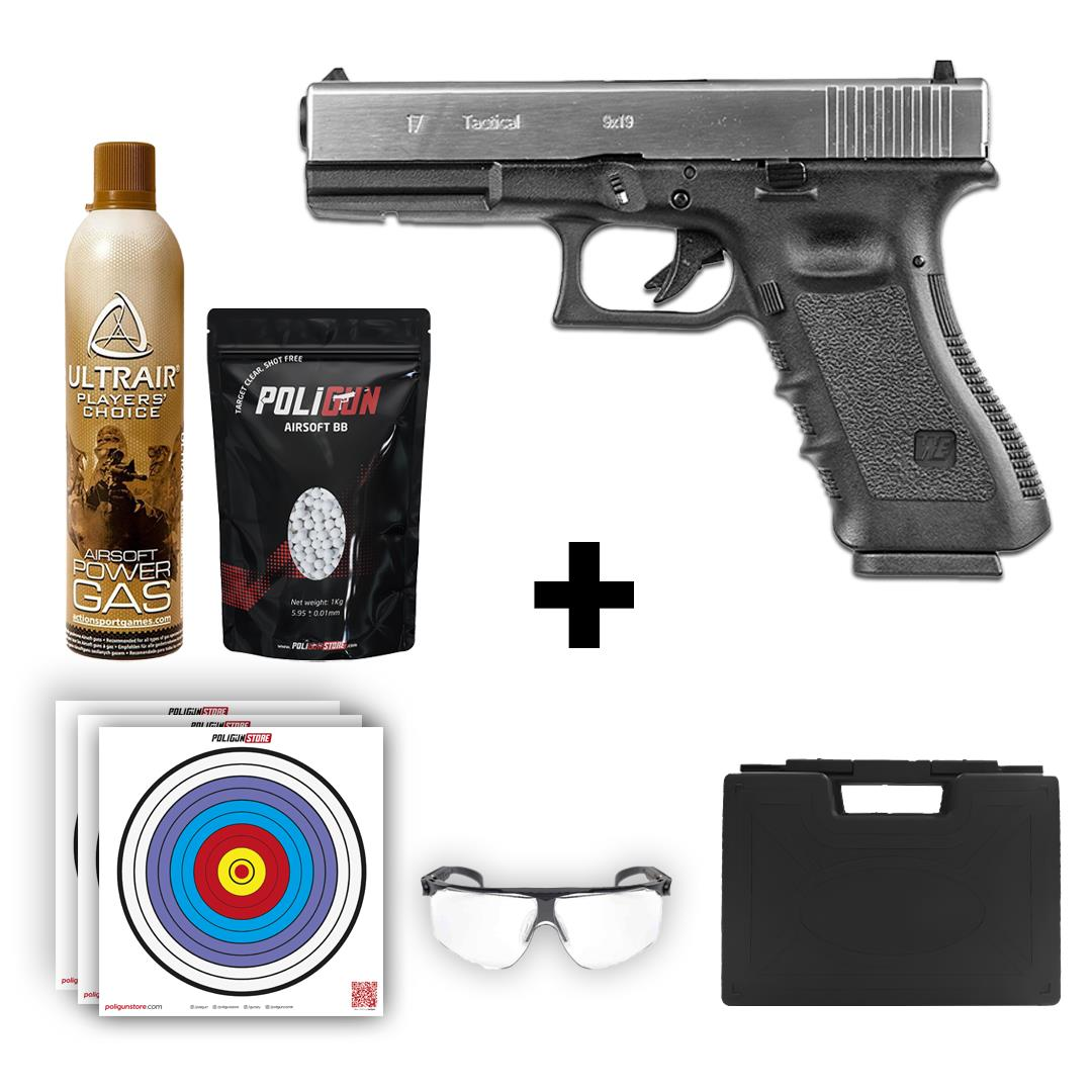 We Glock 17 Gen3 Silver Airsoft Tabanca + Green Gas + 0.20gr BB + Taşıma Çantası + Balistik Gözlük