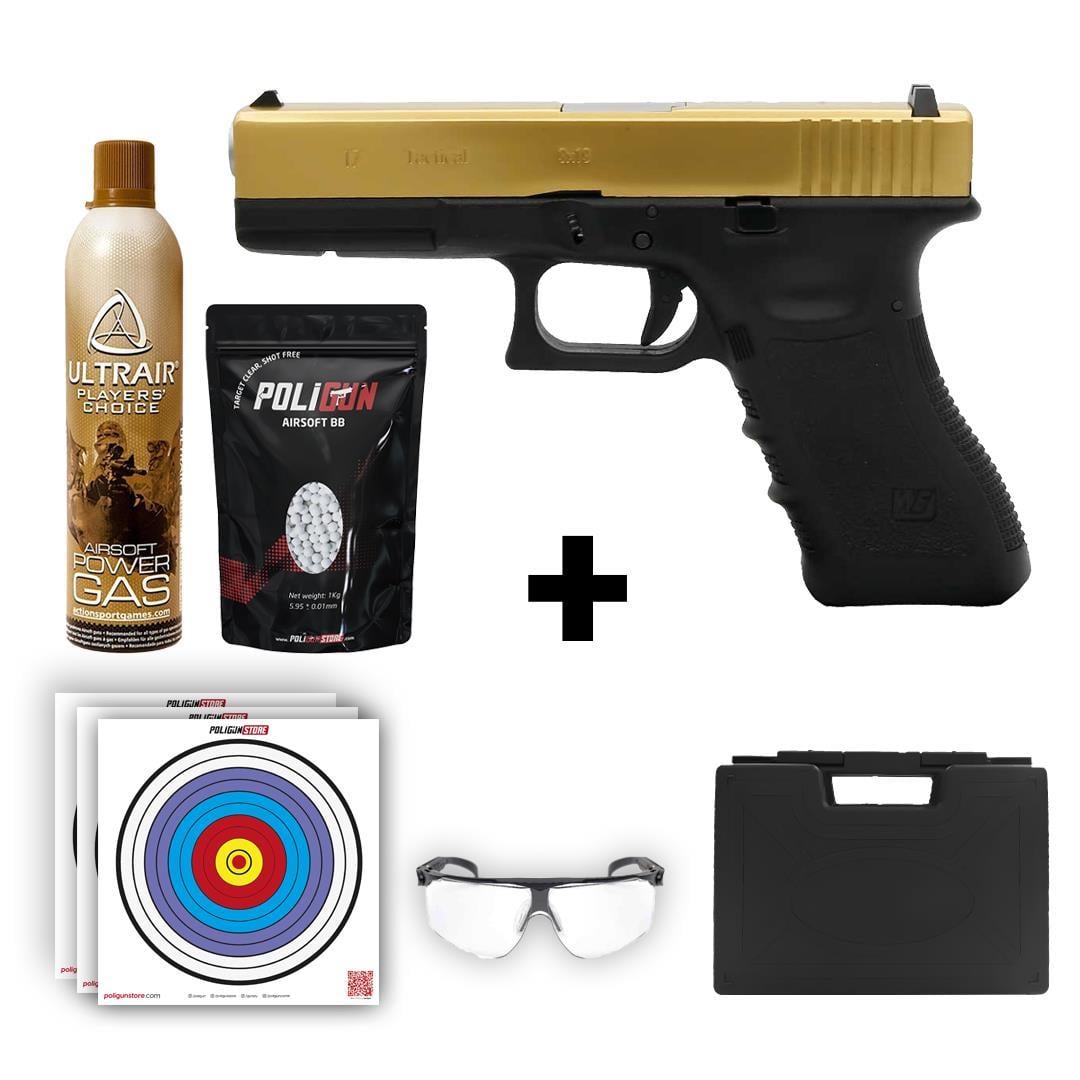 We Glock 17 Gen3 Titanium Gold + Green Gas + 0.20gr BB + Taşıma Çantası + Balistik Gözlük