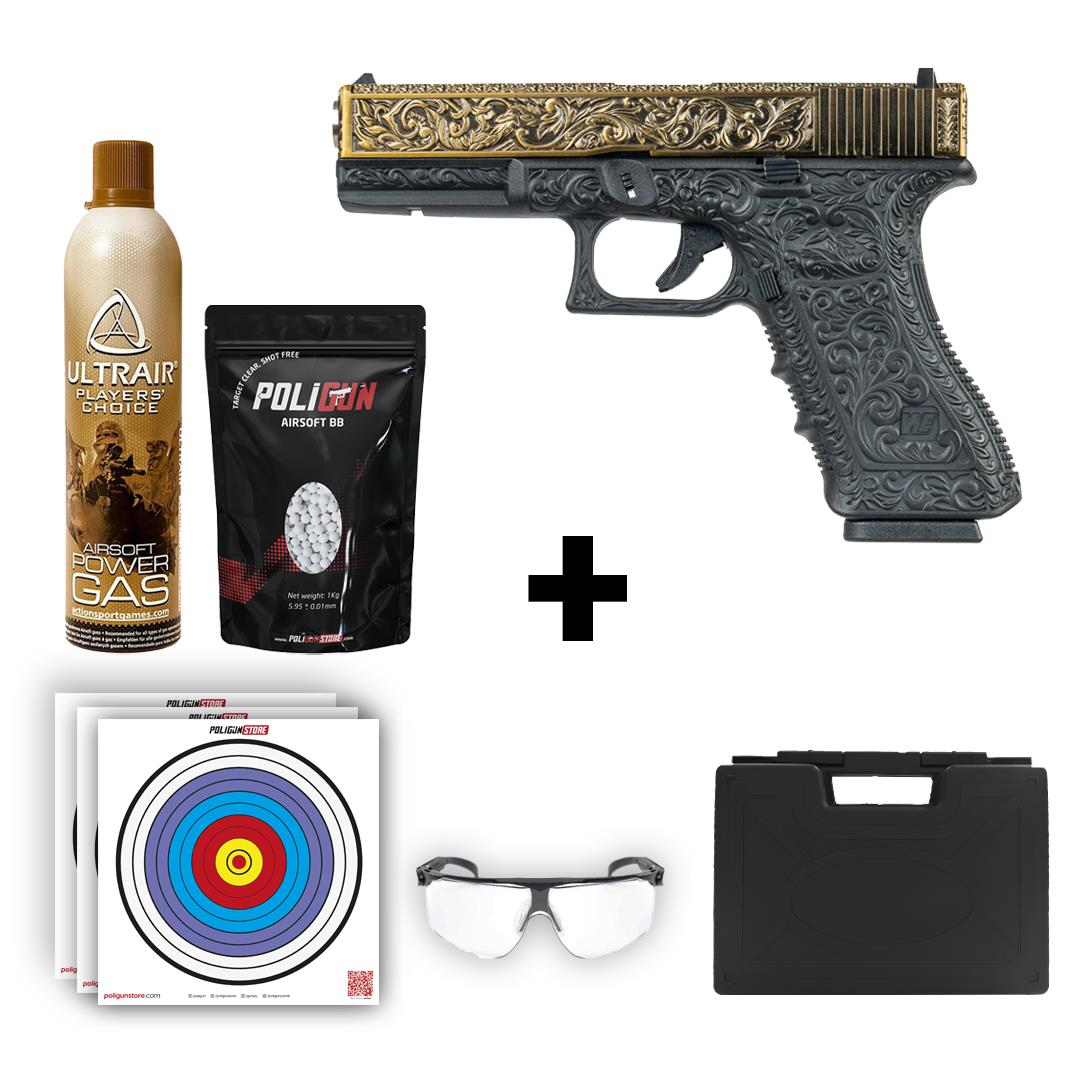We Glock 17 Ivory Gravürlü Airsoft Tabanca  + Green Gas + 0.20gr BB + Taşıma Çantası + Balistik Gözlük