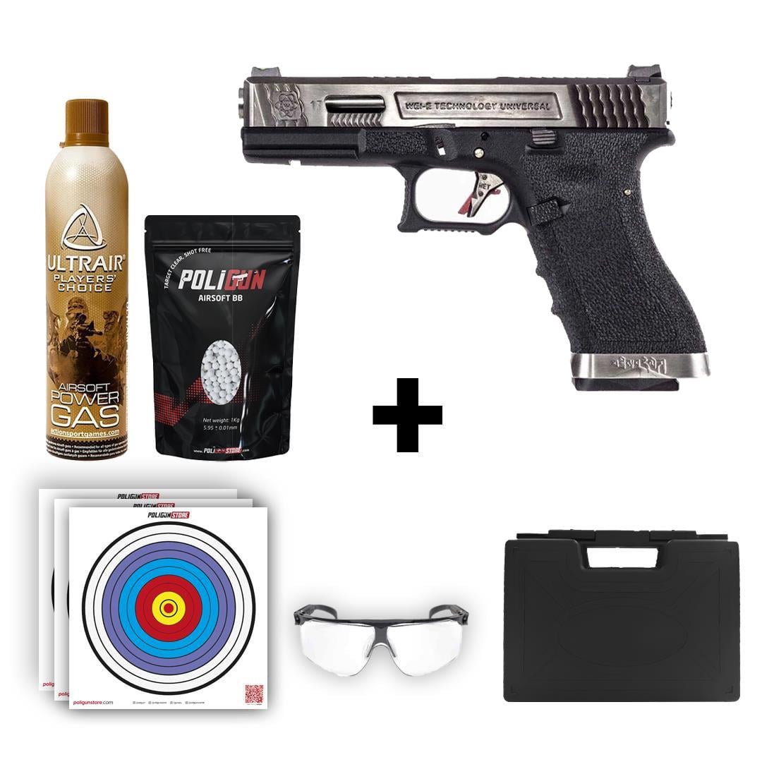 We Glock 17 T1 Silver Airsoft Tabanca + Green Gas + 0.20gr BB + Taşıma Çantası + Balistik Gözlük