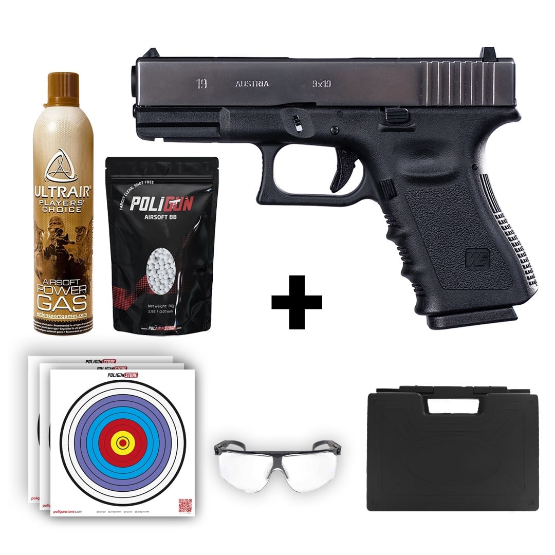 We Glock 19 Gen3 Silver Airsoft Tabanca + Green Gas + 0.20gr BB + Taşıma Çantası + Balistik Gözlük