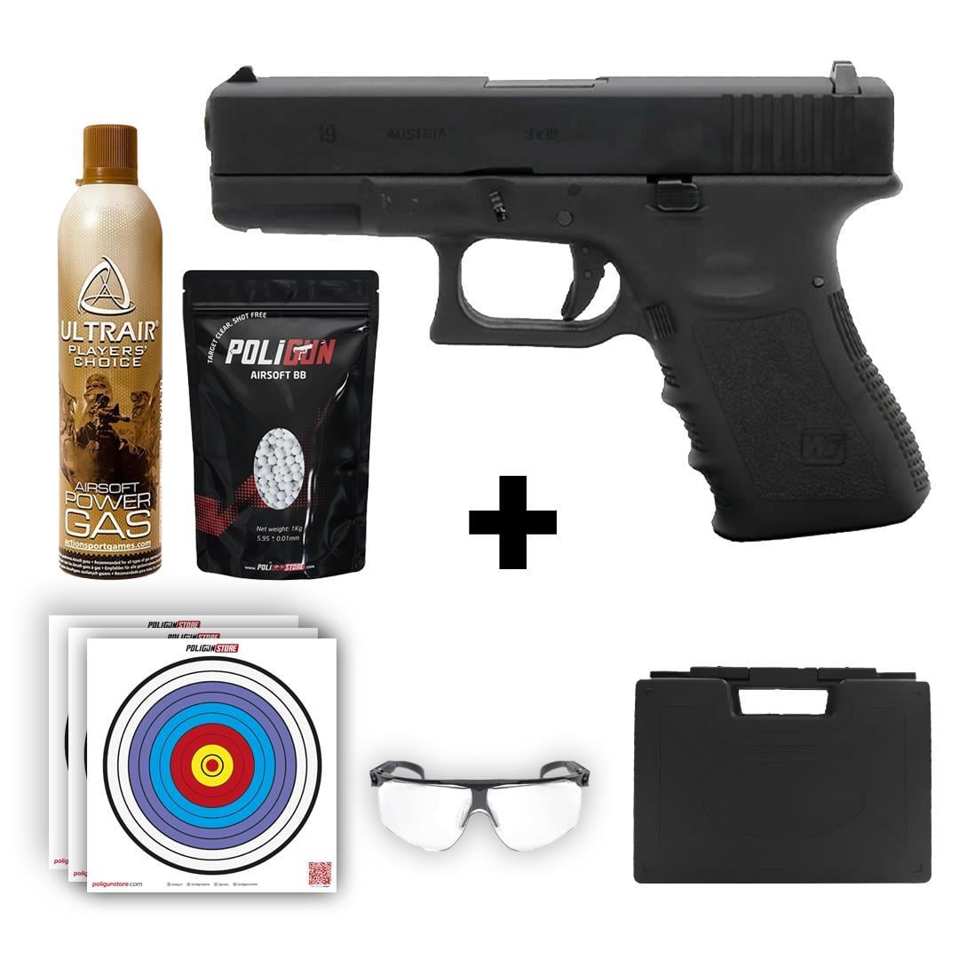 We Glock 19 Gen3 Siyah  + Green Gas + 0.20gr BB + Taşıma Çantası + Balistik Gözlük