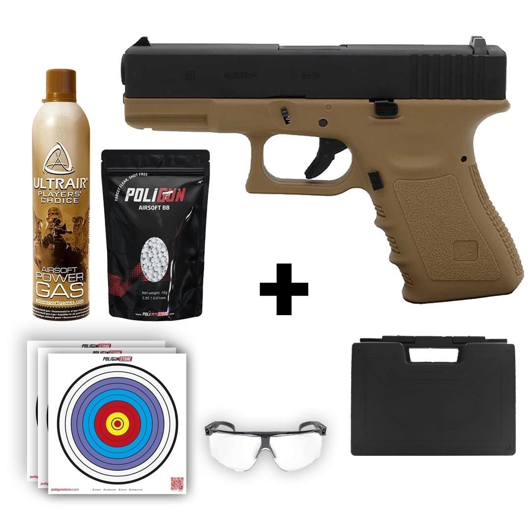 We Glock 19 Gen3 Tan + Green Gas + 0.20gr BB + Taşıma Çantası + Balistik Gözlük