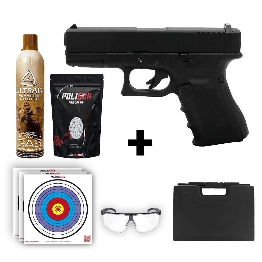 We Glock 19 Gen4 Siyah + Green Gas + 0.20gr BB + Taşıma Çantası + Balistik Gözlük