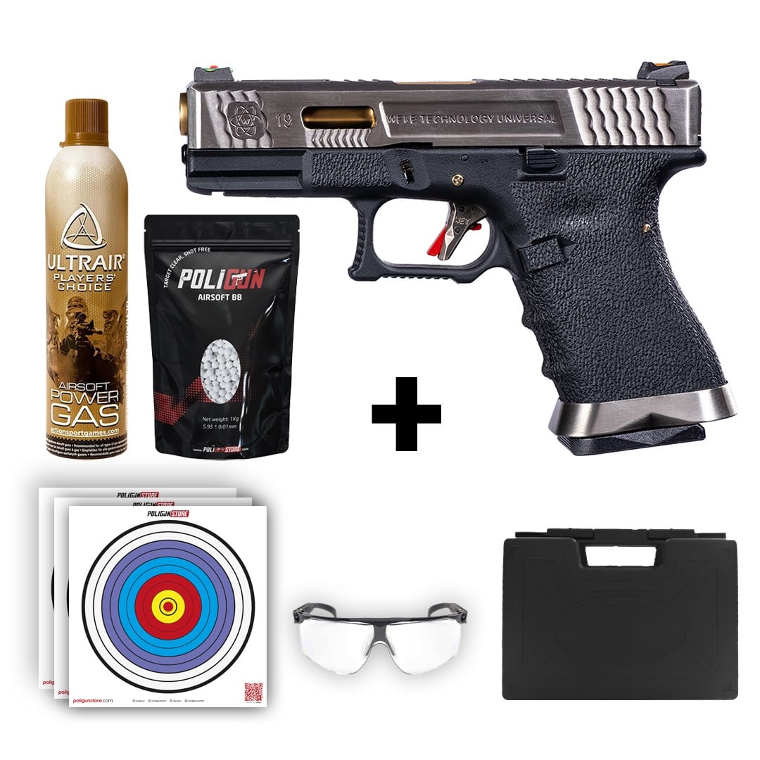 We Glock 19 T1 Silver Airsoft Tabanca + Green Gas + 0.20gr BB + Taşıma Çantası + Balistik Gözlük