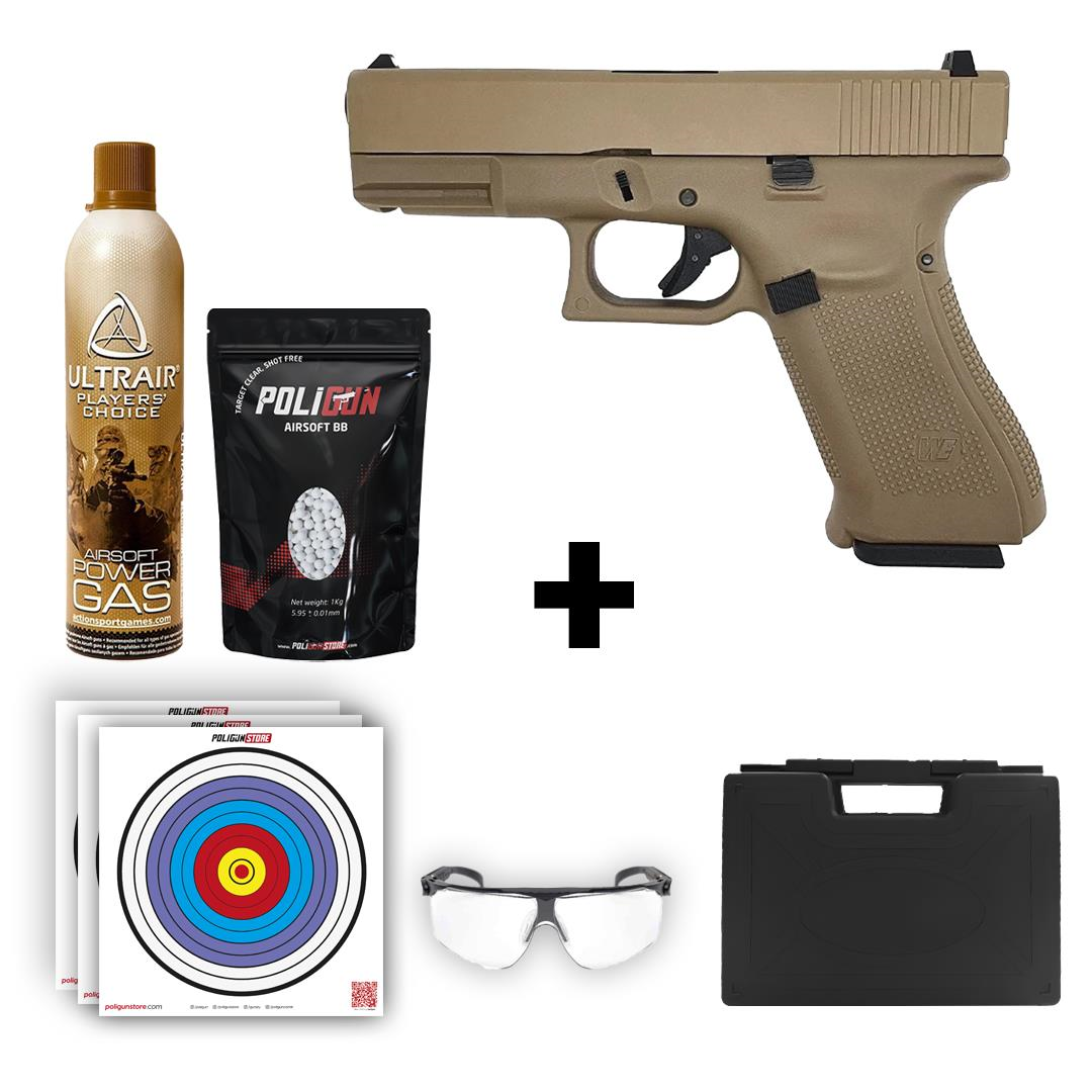 We Glock 19X Gen5 Tan Airsoft Tabanca + Green Gas + 0.20gr BB + Taşıma Çantası + Balistik Gözlük