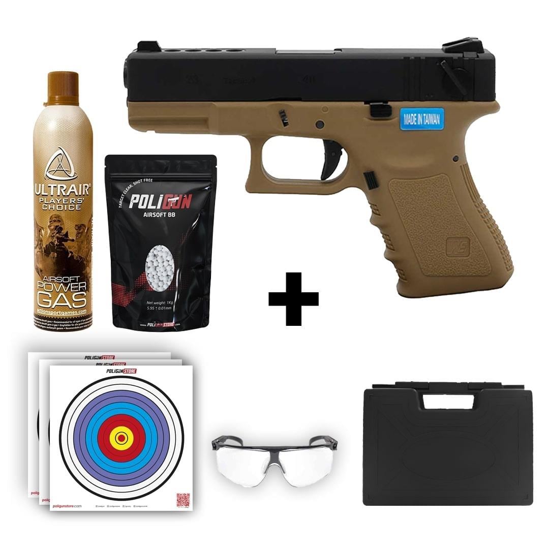 We Glock 23 Gen3 Tan + Green Gas + 0.20gr BB + Taşıma Çantası + Balistik Gözlük