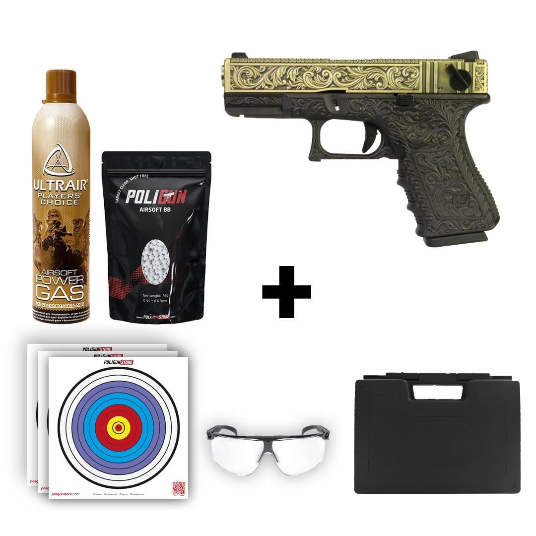 We Glock 23 Ivory Gravürlü Airsoft Tabanca + Green Gas + 0.20gr BB + Taşıma Çantası + Balistik Gözlük