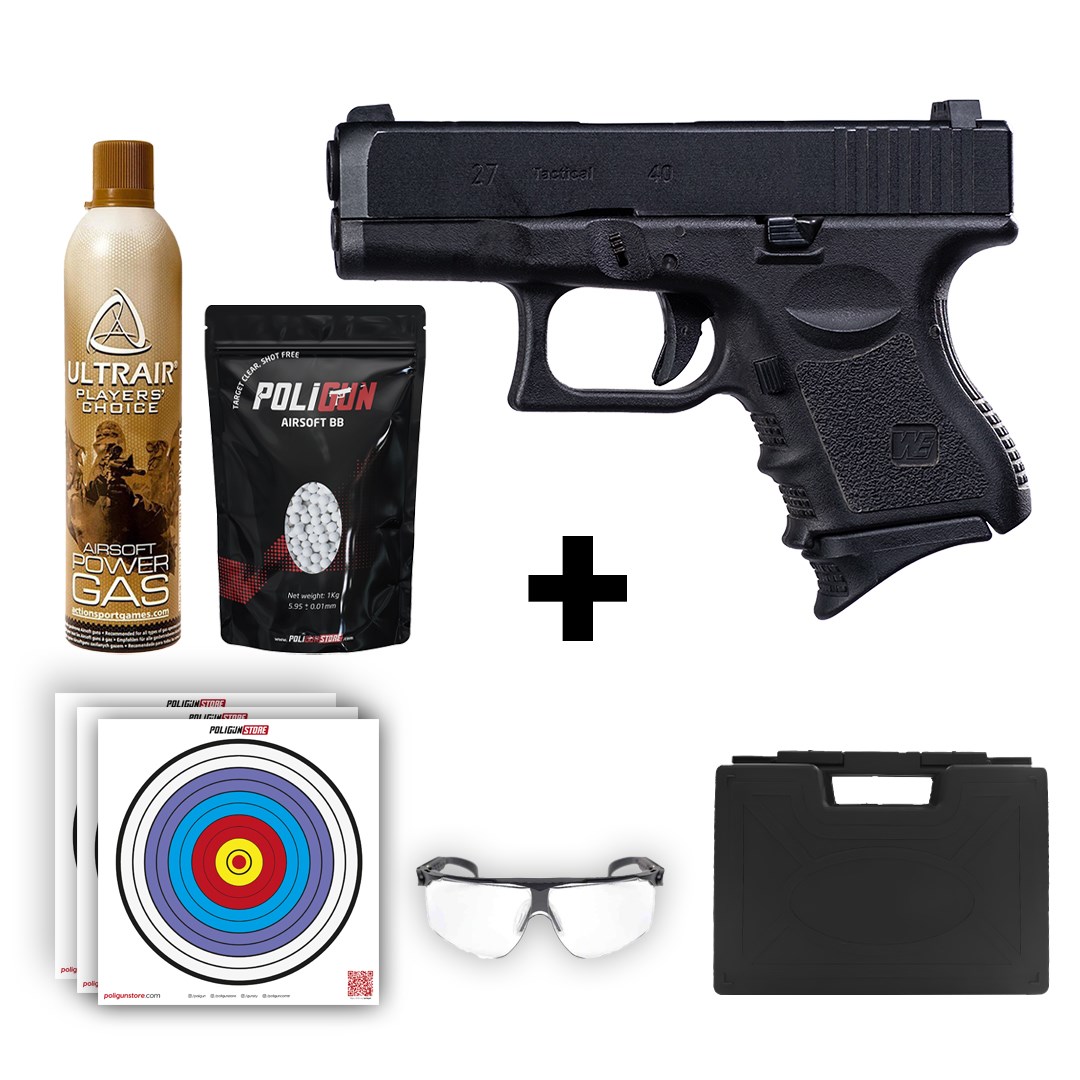 We Glock 27 Gen3 Siyah + Green Gas + 0.20gr BB + Taşıma Çantası + Balistik Gözlük
