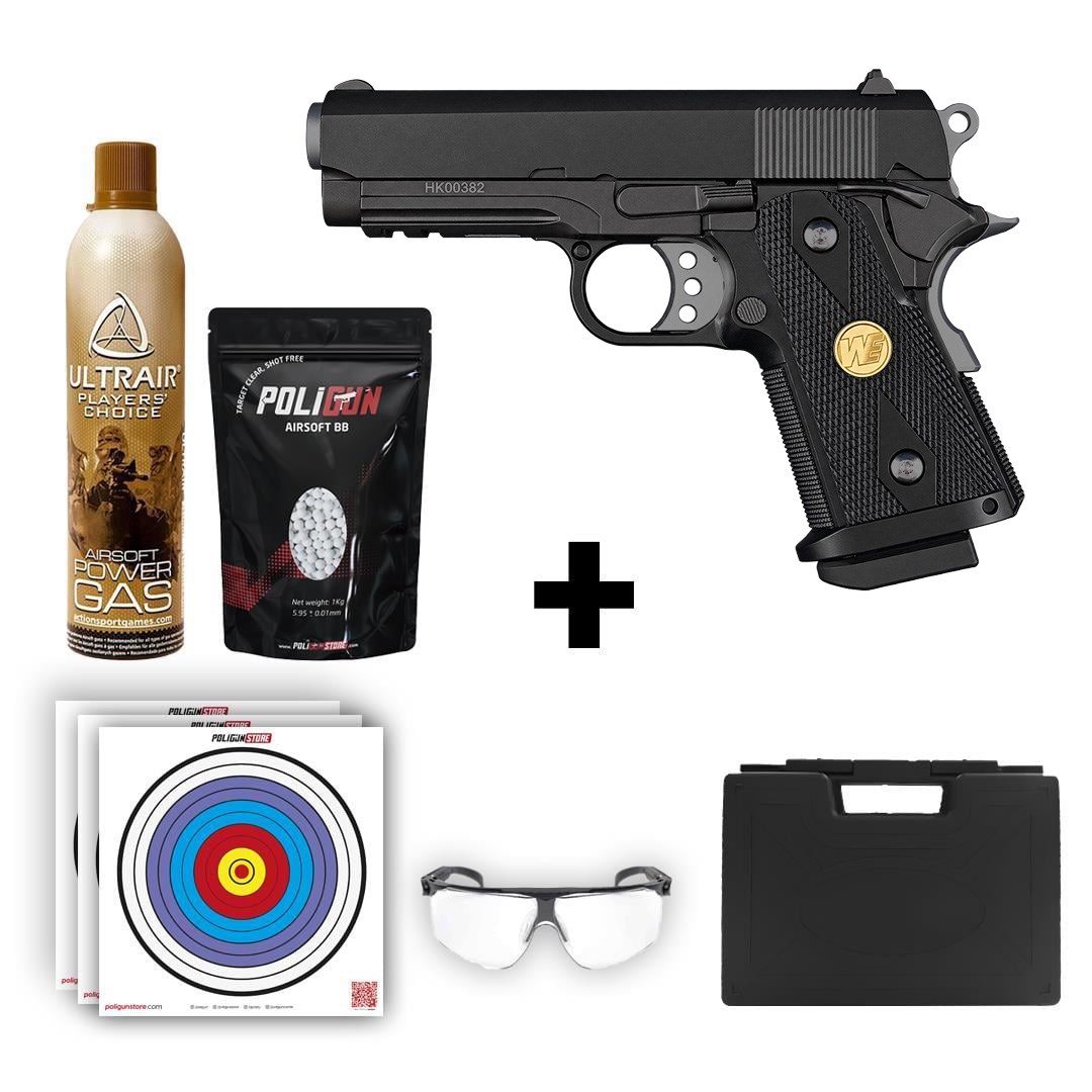 We Hi-Capa 3.8 1938A Siyah Airsoft Tabanca + Green Gas + 0.20gr BB + Taşıma Çantası + Balistik Gözlük