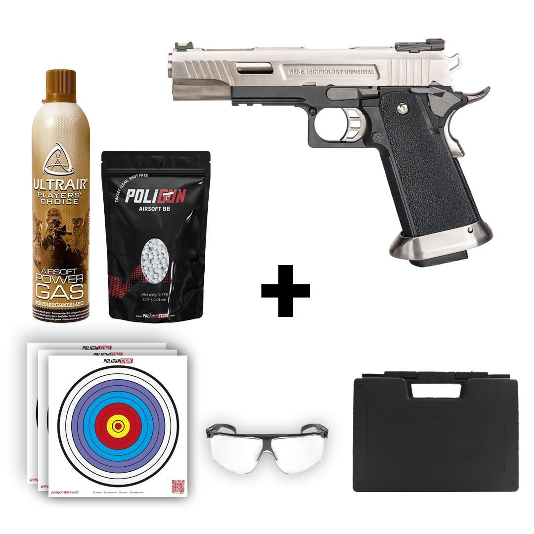 We Hi-Capa 5.1 T-Rex Silver Airsoft Tabanca + Green Gas + 0.20gr BB + Taşıma Çantası + Balistik Gözlük