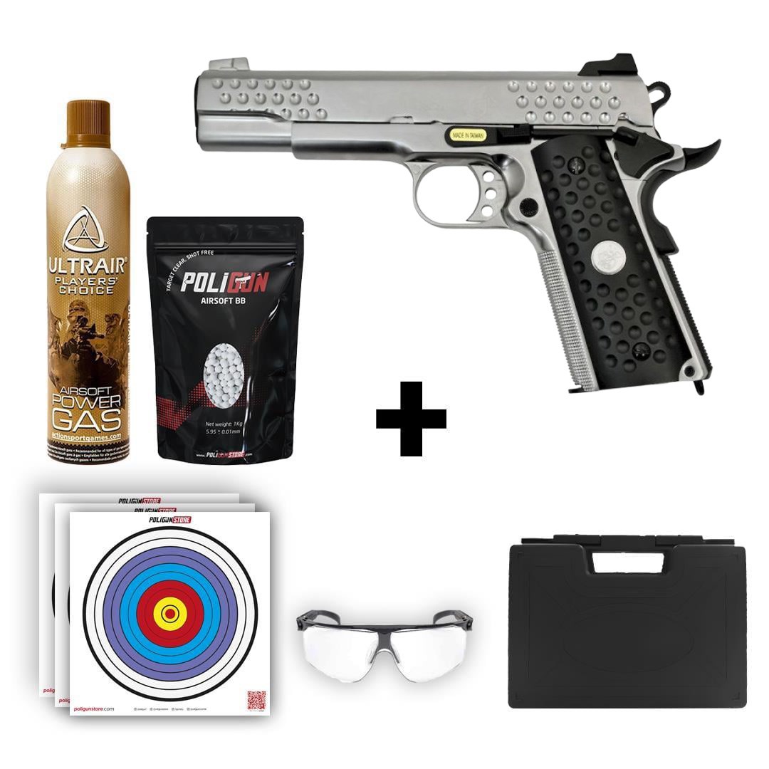 We Knight Hawk 1911 Gümüş Airsoft Tabanca + Green Gas + 0.20gr BB + Taşıma Çantası + Balistik Gözlük