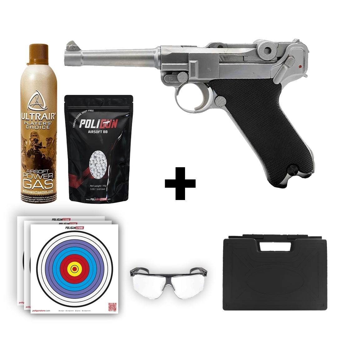 We Luger Parabellum P08 Silver + Green Gas + 0.20gr BB + Taşıma Çantası + Balistik Gözlük