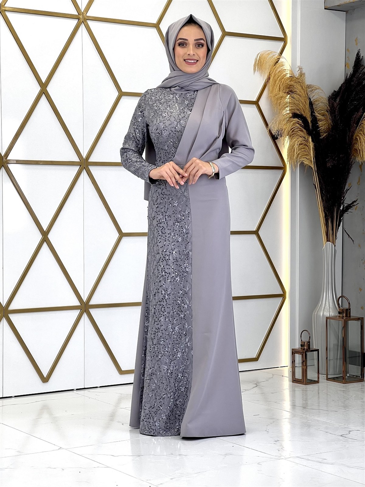 Pasture sequined hijab evening dress grey