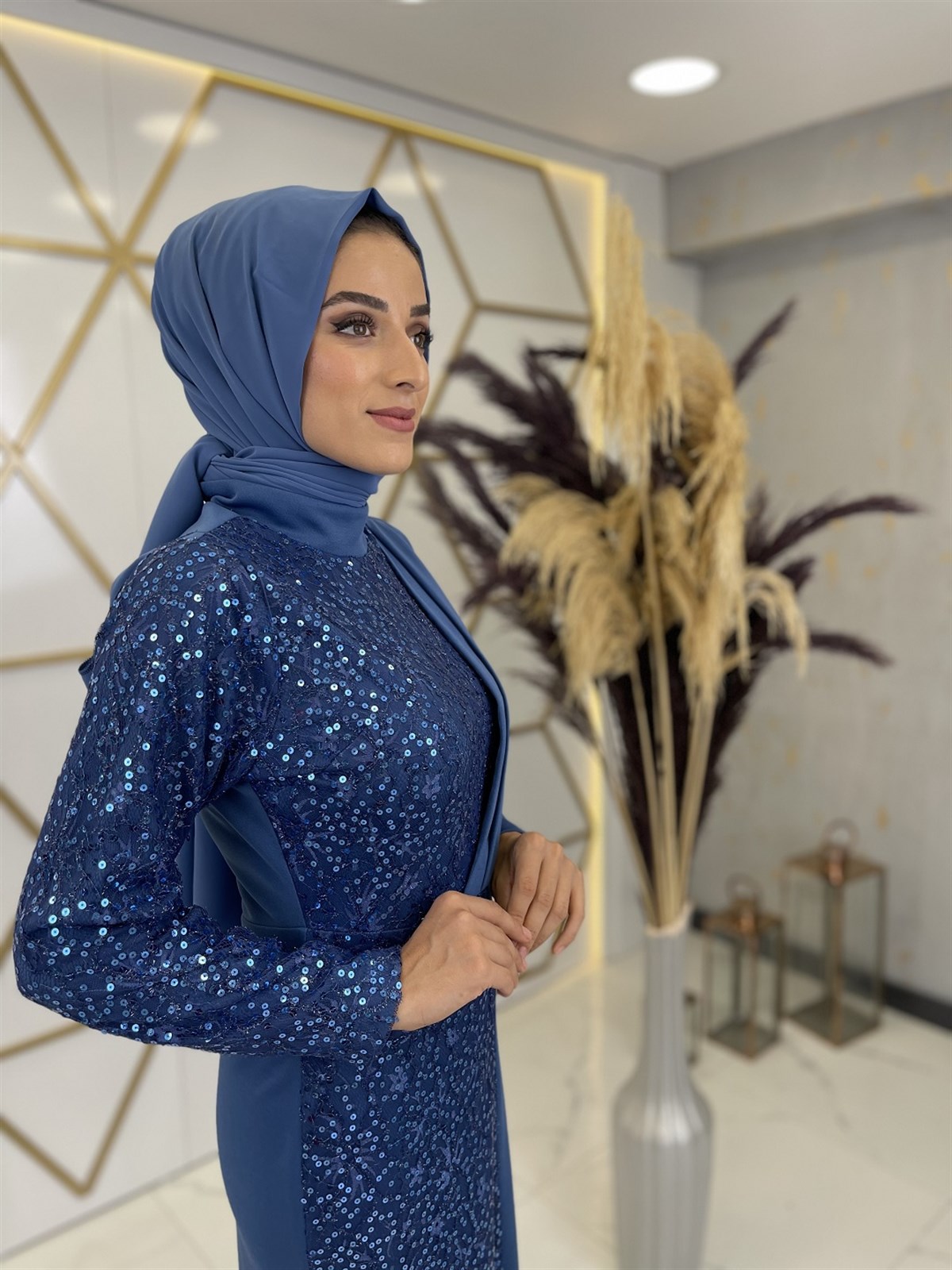 pasture sequined hijab evening dress indigo