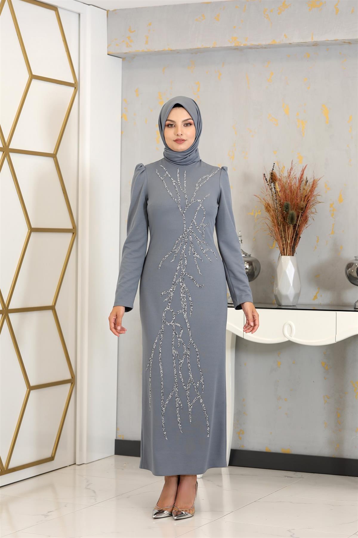 Adel Lycra Balloon Sleeves Dominated Collar Hijab Evening Dress - Copper