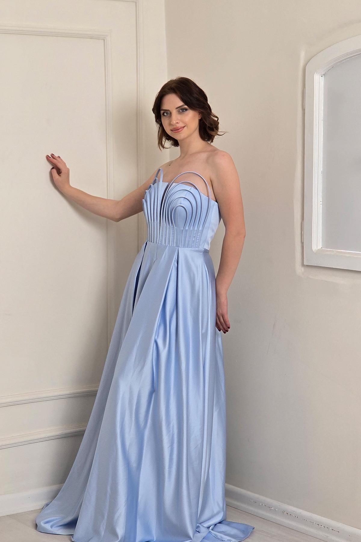 BEBE MAVİSİ Biyeli Saten Abiye 7400