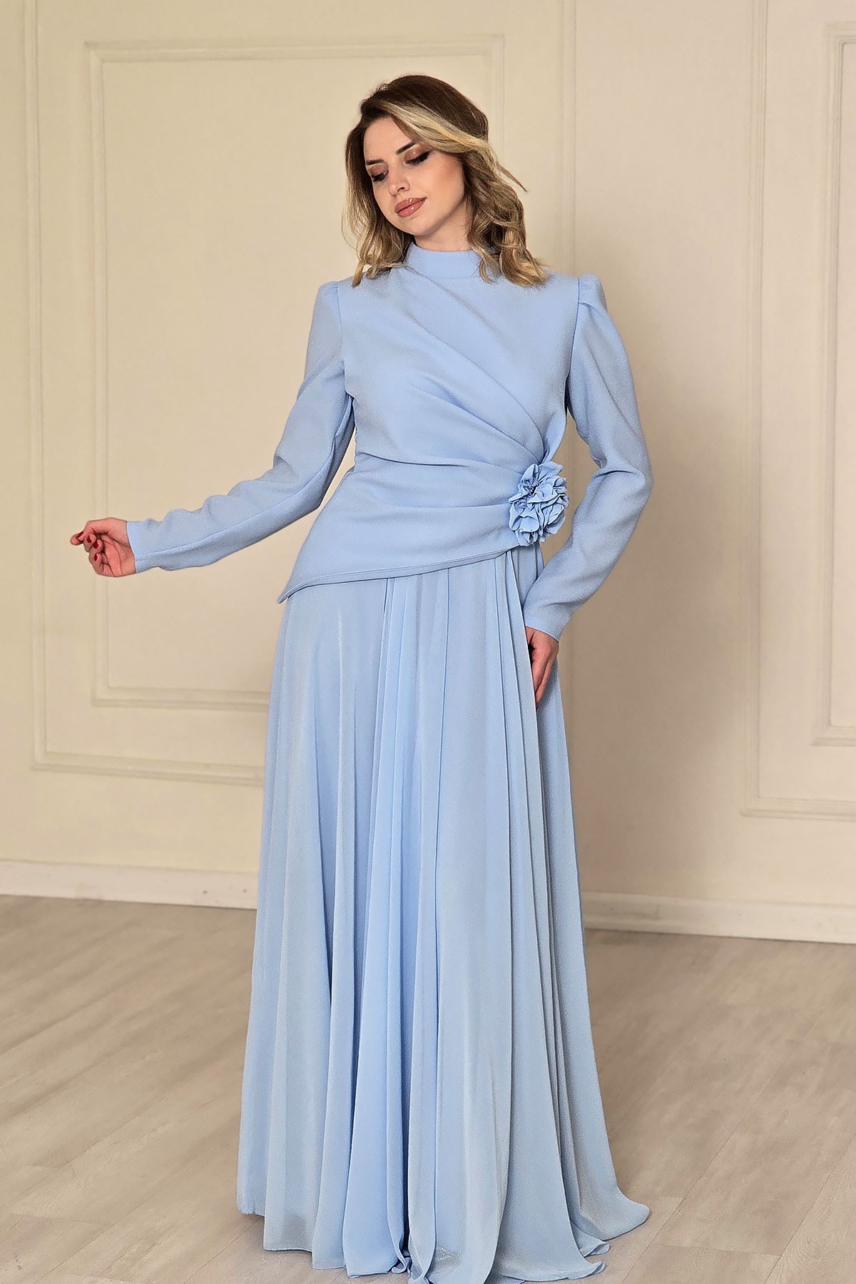 BEBE MAVİSİ Çiçek Detaylı Krep Abiye 4525
