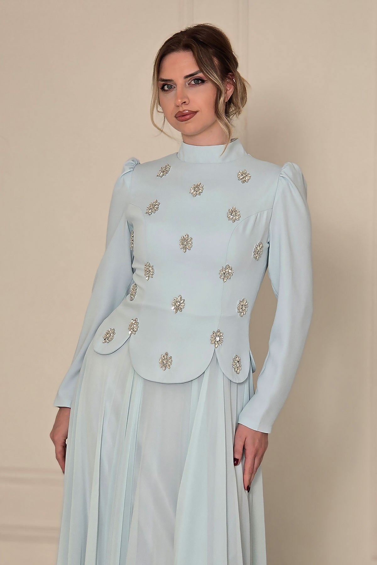 BEBE MAVİSİ Taşlı Krep Tesettür Abiye 4561