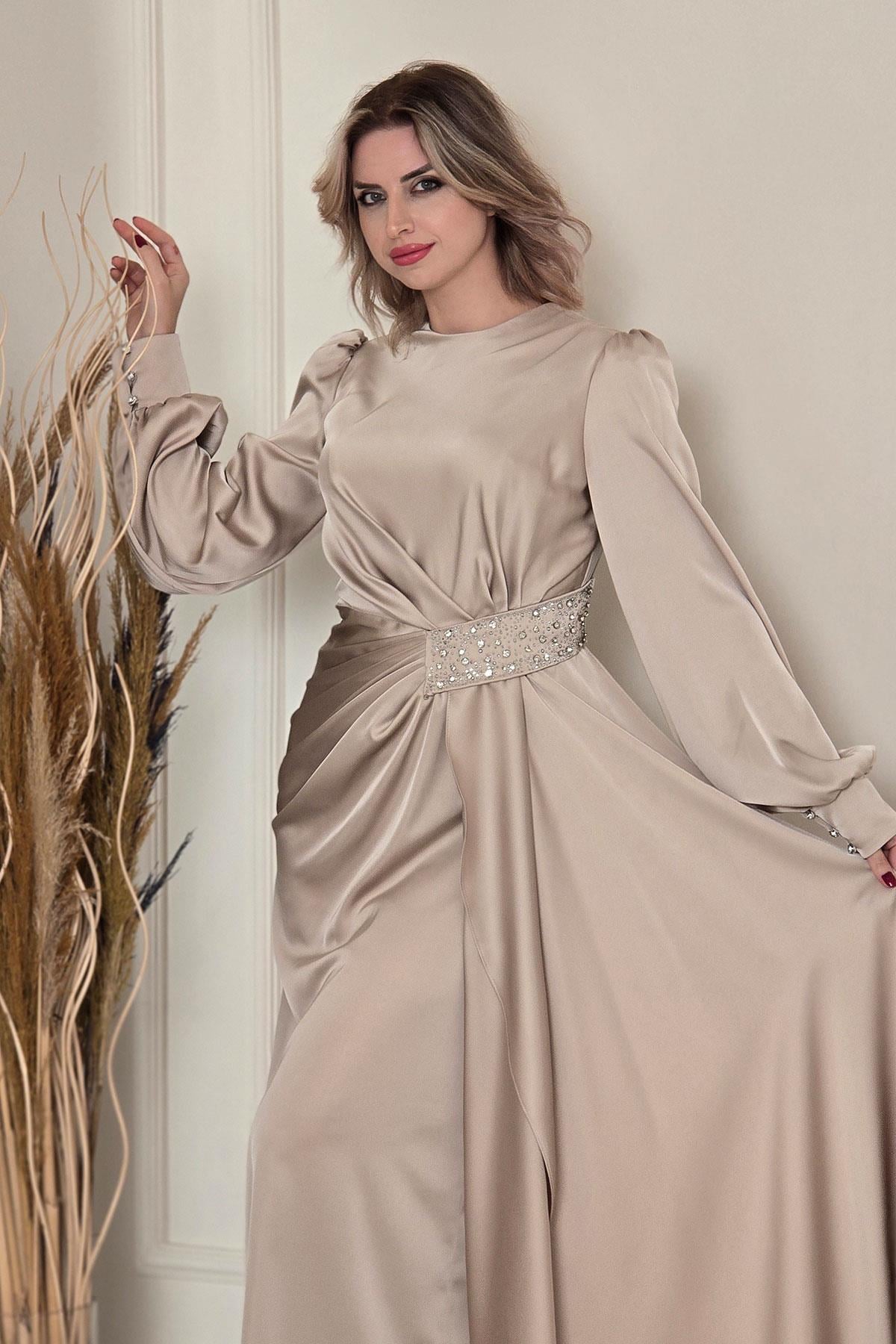 Bej Saten Pelerinli Abiye 5332