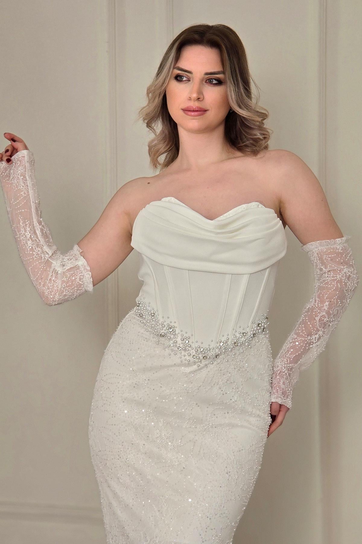 Beyaz Degaje Yaka Abiye 6355